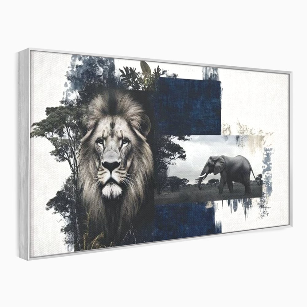 Tablou canvas cu tablou canvas cu leu si elefant, in rama de aluminiu argintiu